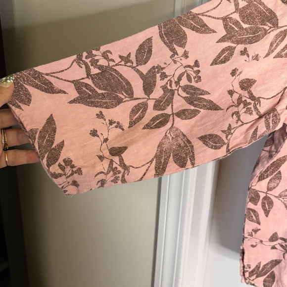 Hot Cotton Pink and Brown Floral 100% Linen Blouse - Picture 2 of 5